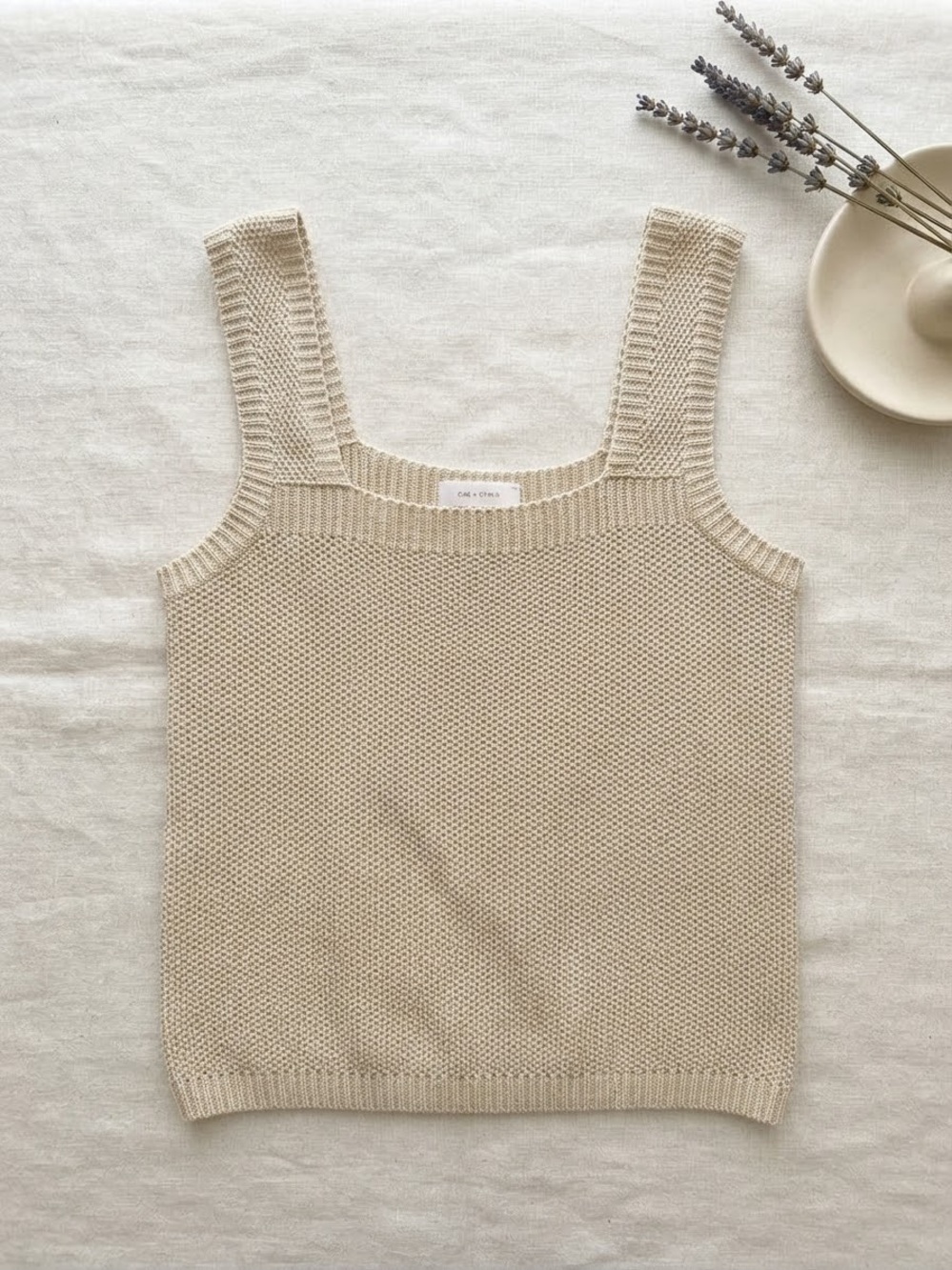 OAK + FORT Cream Square Neck Knit Sweater Tank Top